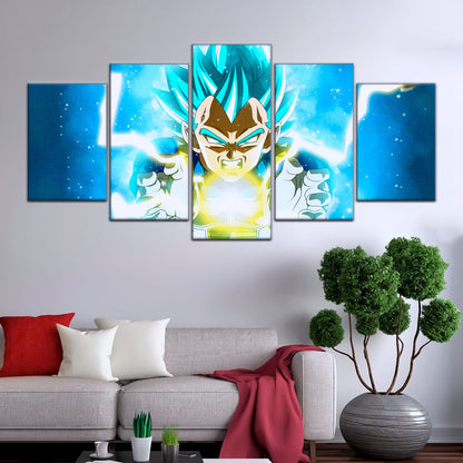 Dragon Ball Super Saiyan Blue Vegeta Canvas Wall Art - 5 Piece Split Panel DBZ Anime Poster - Framed Ready to Hang Living Room Man Cave Decor - DR5124