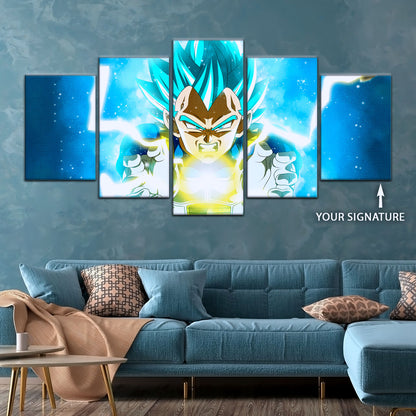Dragon Ball Super Saiyan Blue Vegeta Canvas Wall Art - 5 Piece Split Panel DBZ Anime Poster - Framed Ready to Hang Living Room Man Cave Decor - DR5124