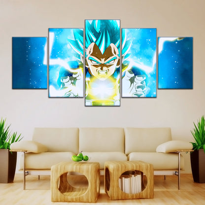 Dragon Ball Super Saiyan Blue Vegeta Canvas Wall Art - 5 Piece Split Panel DBZ Anime Poster - Framed Ready to Hang Living Room Man Cave Decor - DR5124