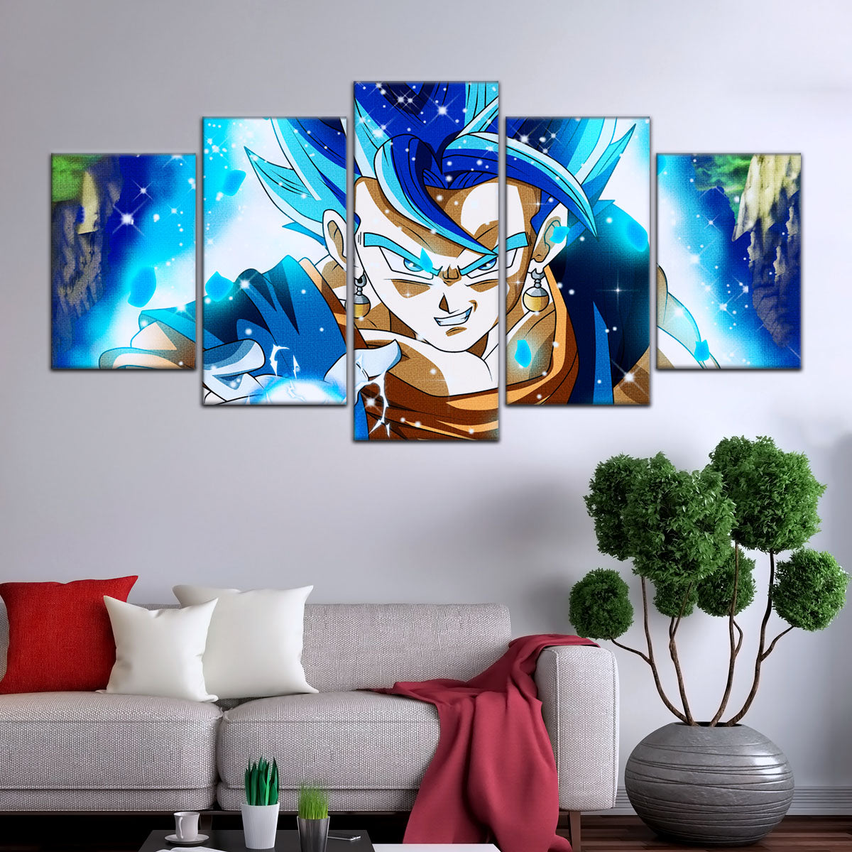 Dragon Ball Super Saiyan Blue Vegito Canvas Wall Art - 5 Piece Split Panel DBZ Anime Poster - Framed Ready to Hang Living Room Man Cave Decor - DR5131