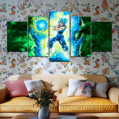 Dragon Ball Super Saiyan Blue Vegito Canvas Wall Art - 5 Piece Split Panel DBZ Anime Poster - Framed Ready to Hang Living Room Man Cave Decor - DR5132