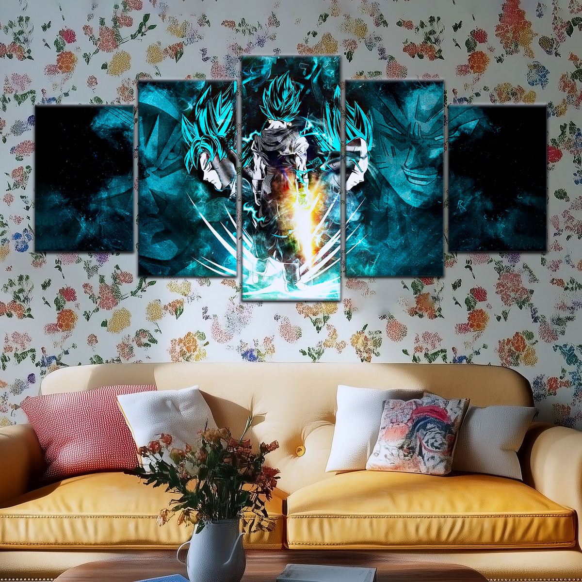 Dragon Ball Super Saiyan Blue Vegito Goku Vegeta Canvas Wall Art - 5 Piece Split Panel Framed - Ready to Hang Living Room Man Cave Decor - DR5061