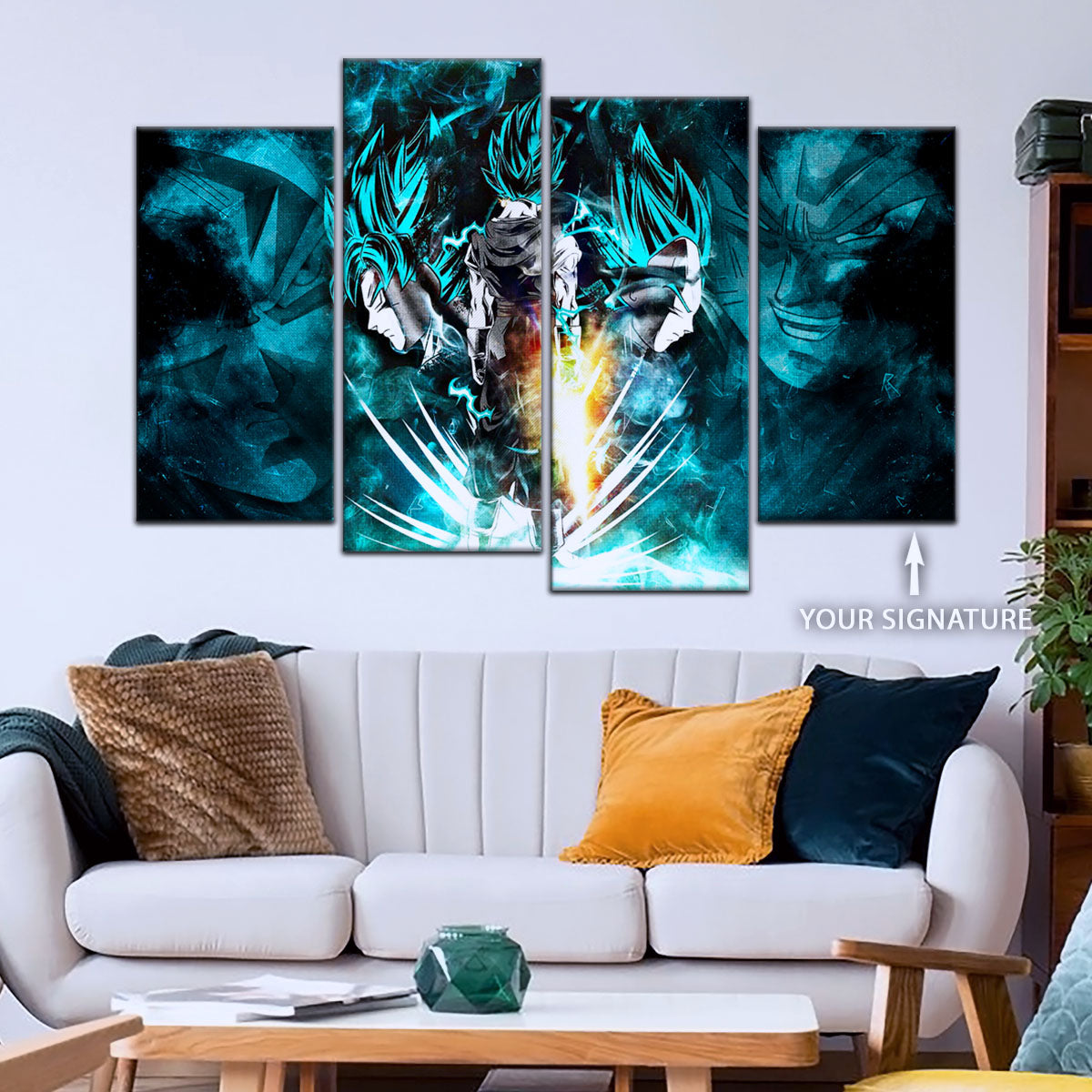 Dragon Ball Super Saiyan Blue Vegito Goku Vegeta Canvas Wall Art - 5 Piece Split Panel Framed - Ready to Hang Living Room Man Cave Decor - DR5061
