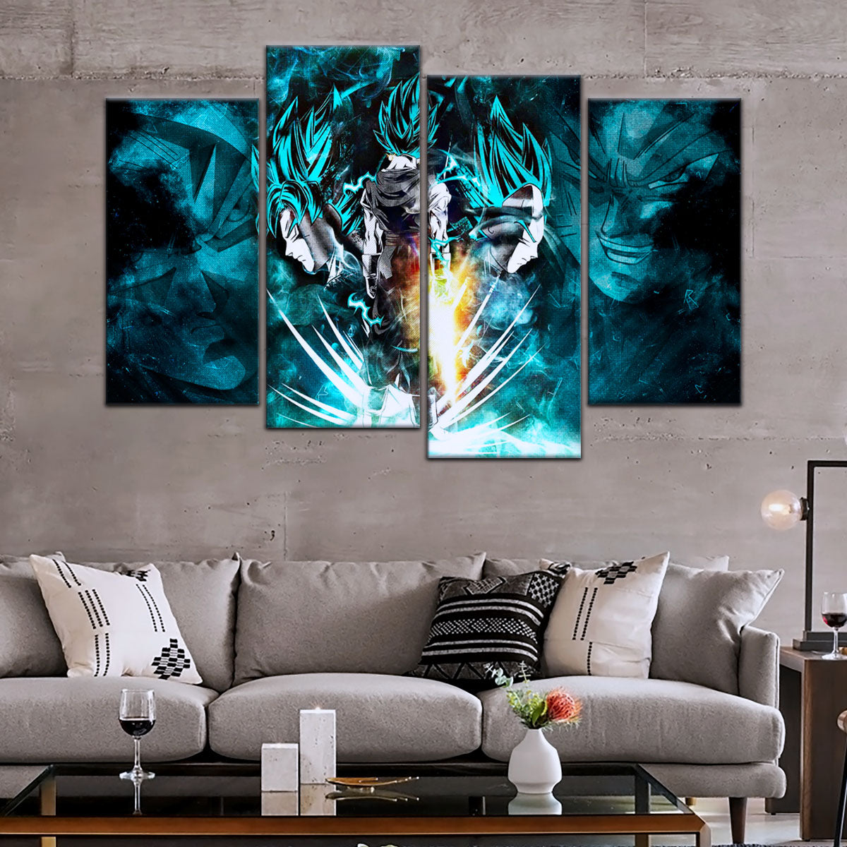 Dragon Ball Super Saiyan Blue Vegito Goku Vegeta Canvas Wall Art - 5 Piece Split Panel Framed - Ready to Hang Living Room Man Cave Decor - DR5061