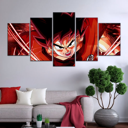 Dragon Ball Super Saiyan God Goku Canvas Wall Art - 5 Piece Split Panel DBZ Anime Poster - Framed Ready to Hang Living Room Man Cave Decor - DR5056
