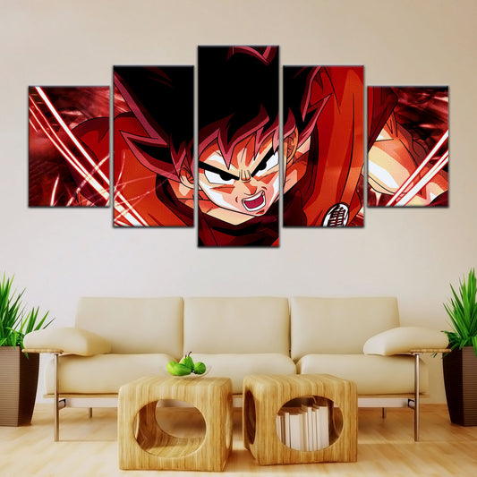 Dragon Ball Super Saiyan God Goku Canvas Wall Art - 5 Piece Split Panel DBZ Anime Poster - Framed Ready to Hang Living Room Man Cave Decor - DR5056