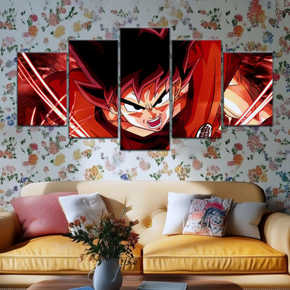 Dragon Ball Super Saiyan God Goku Canvas Wall Art - 5 Piece Split Panel DBZ Anime Poster - Framed Ready to Hang Living Room Man Cave Decor - DR5056
