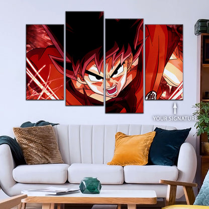Dragon Ball Super Saiyan God Goku Canvas Wall Art - 5 Piece Split Panel DBZ Anime Poster - Framed Ready to Hang Living Room Man Cave Decor - DR5056