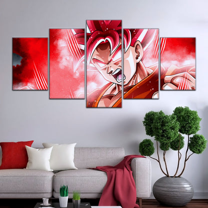 Dragon Ball Super Saiyan God Goku Canvas Wall Art - 5 Piece Split Panel DBZ Anime Poster - Framed Ready to Hang Living Room Man Cave Decor - DR5057