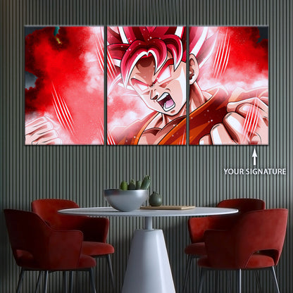 Dragon Ball Super Saiyan God Goku Canvas Wall Art - 5 Piece Split Panel DBZ Anime Poster - Framed Ready to Hang Living Room Man Cave Decor - DR5057
