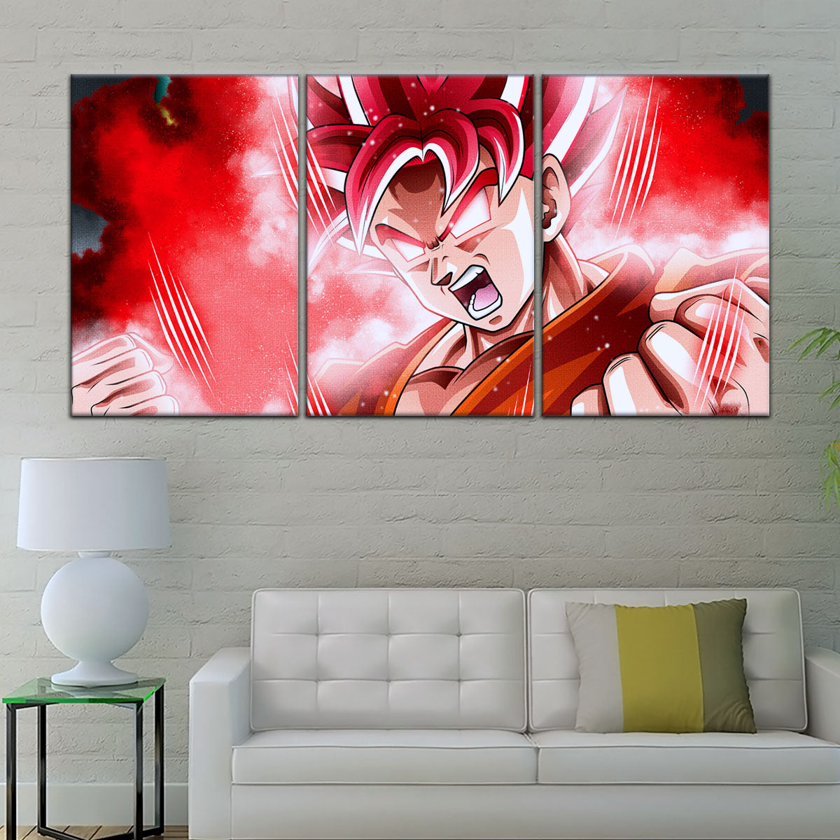 Dragon Ball Super Saiyan God Goku Canvas Wall Art - 5 Piece Split Panel DBZ Anime Poster - Framed Ready to Hang Living Room Man Cave Decor - DR5057