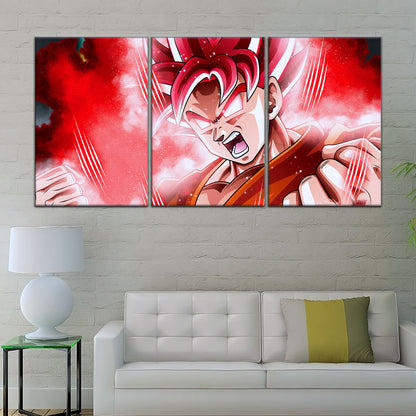 Dragon Ball Super Saiyan God Goku Canvas Wall Art - 5 Piece Split Panel DBZ Anime Poster - Framed Ready to Hang Living Room Man Cave Decor - DR5057