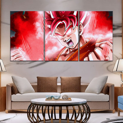 Dragon Ball Super Saiyan God Goku Canvas Wall Art - 5 Piece Split Panel DBZ Anime Poster - Framed Ready to Hang Living Room Man Cave Decor - DR5057