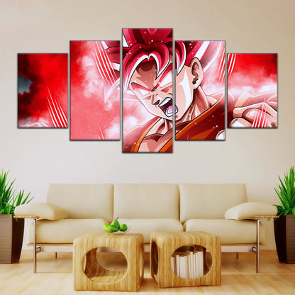 Dragon Ball Super Saiyan God Goku Canvas Wall Art - 5 Piece Split Panel DBZ Anime Poster - Framed Ready to Hang Living Room Man Cave Decor - DR5057