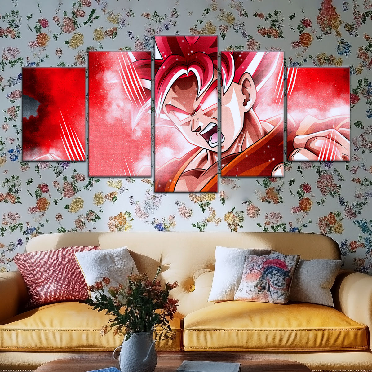 Dragon Ball Super Saiyan God Goku Canvas Wall Art - 5 Piece Split Panel DBZ Anime Poster - Framed Ready to Hang Living Room Man Cave Decor - DR5057