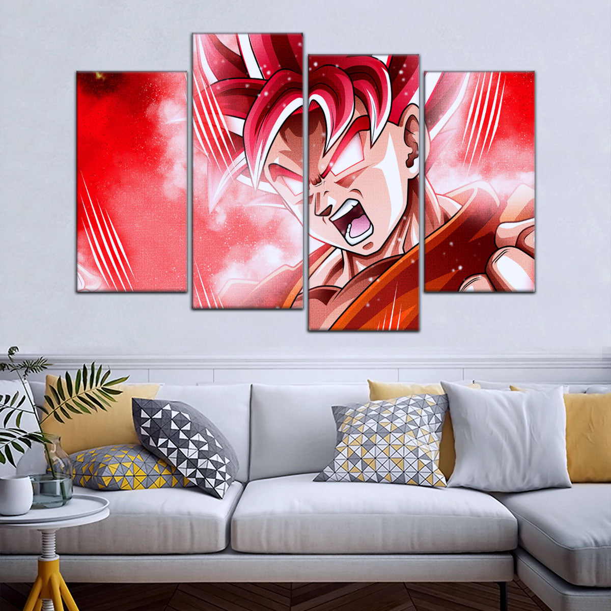 Dragon Ball Super Saiyan God Goku Canvas Wall Art - 5 Piece Split Panel DBZ Anime Poster - Framed Ready to Hang Living Room Man Cave Decor - DR5057