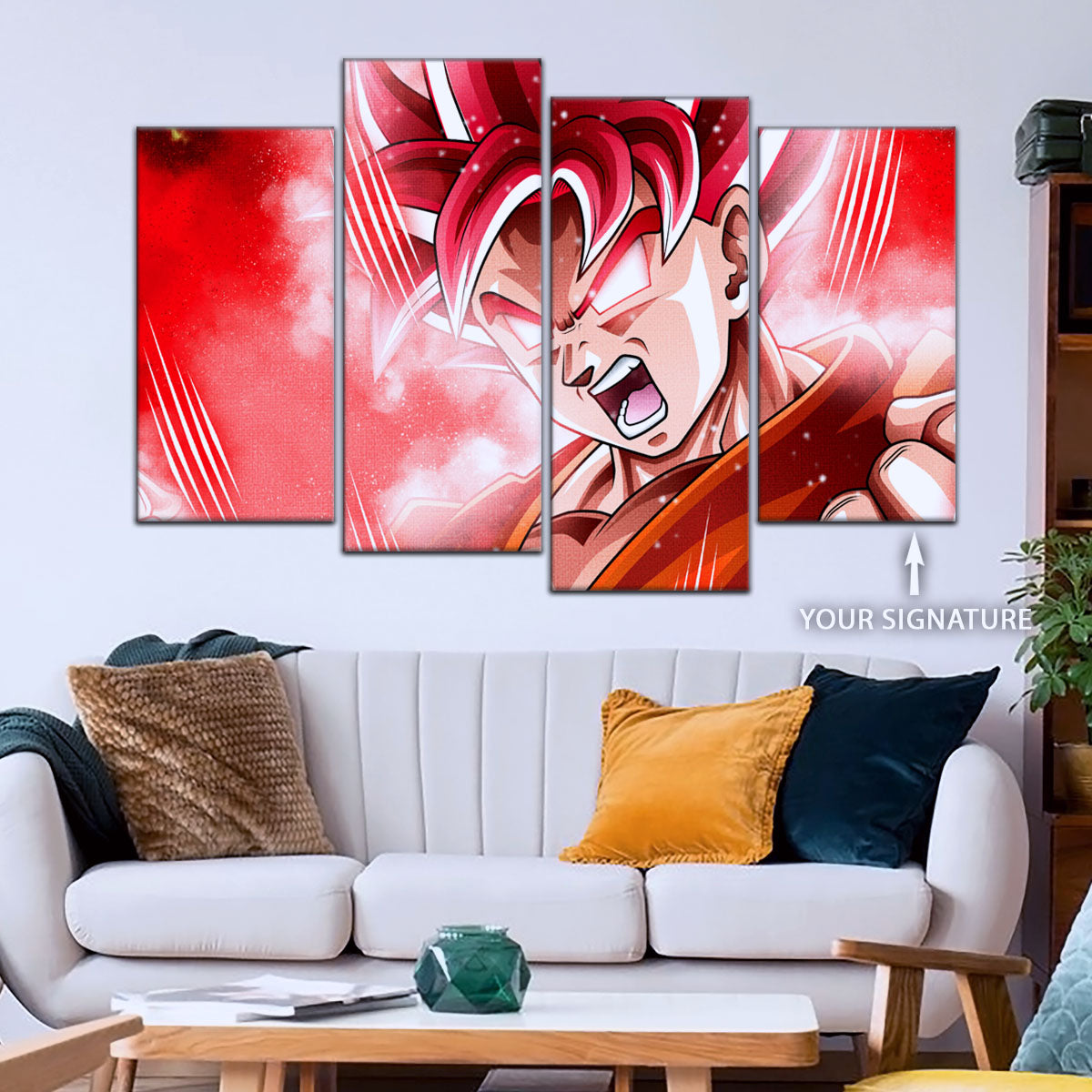 Dragon Ball Super Saiyan God Goku Canvas Wall Art - 5 Piece Split Panel DBZ Anime Poster - Framed Ready to Hang Living Room Man Cave Decor - DR5057