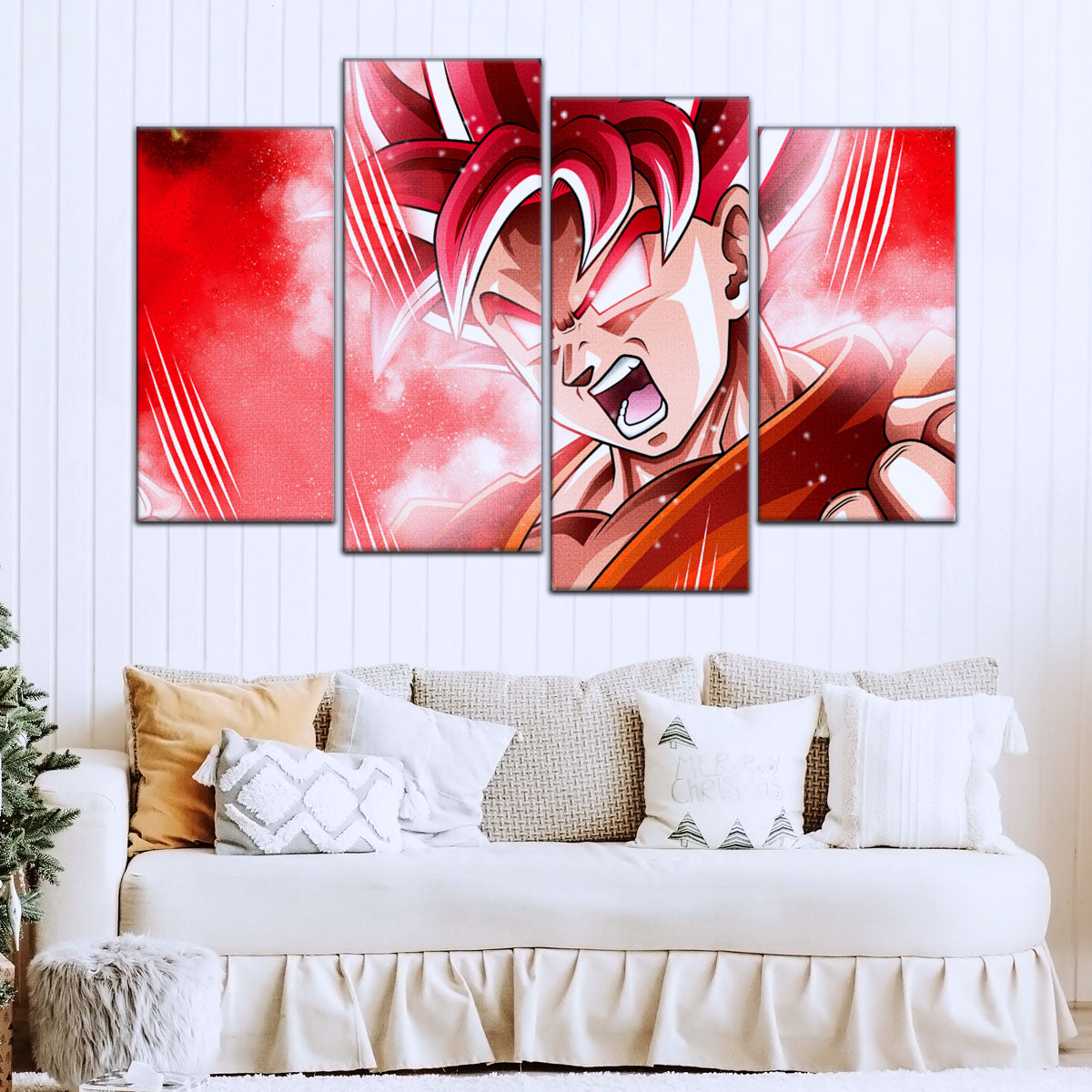 Dragon Ball Super Saiyan God Goku Canvas Wall Art - 5 Piece Split Panel DBZ Anime Poster - Framed Ready to Hang Living Room Man Cave Decor - DR5057