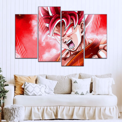 Dragon Ball Super Saiyan God Goku Canvas Wall Art - 5 Piece Split Panel DBZ Anime Poster - Framed Ready to Hang Living Room Man Cave Decor - DR5057