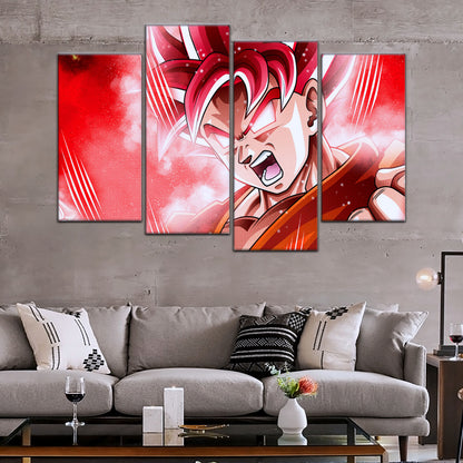 Dragon Ball Super Saiyan God Goku Canvas Wall Art - 5 Piece Split Panel DBZ Anime Poster - Framed Ready to Hang Living Room Man Cave Decor - DR5057