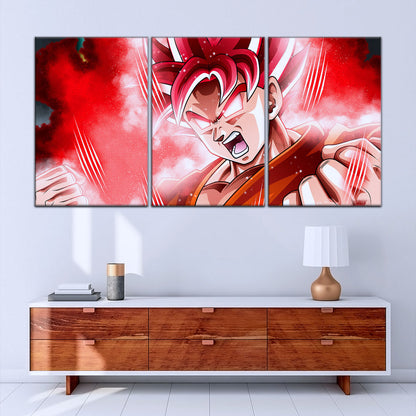 Dragon Ball Super Saiyan God Goku Canvas Wall Art - 5 Piece Split Panel DBZ Anime Poster - Framed Ready to Hang Living Room Man Cave Decor - DR5057