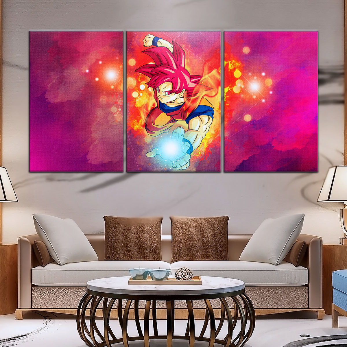Dragon Ball Super Saiyan God Goku Canvas Wall Art - 5 Piece Split Panel DBZ Anime Poster - Framed Ready to Hang Living Room Man Cave Decor - DR5081