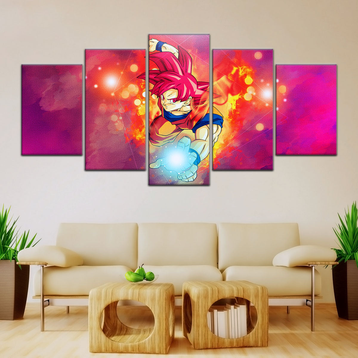 Dragon Ball Super Saiyan God Goku Canvas Wall Art - 5 Piece Split Panel DBZ Anime Poster - Framed Ready to Hang Living Room Man Cave Decor - DR5081