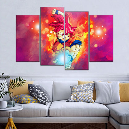 Dragon Ball Super Saiyan God Goku Canvas Wall Art - 5 Piece Split Panel DBZ Anime Poster - Framed Ready to Hang Living Room Man Cave Decor - DR5081