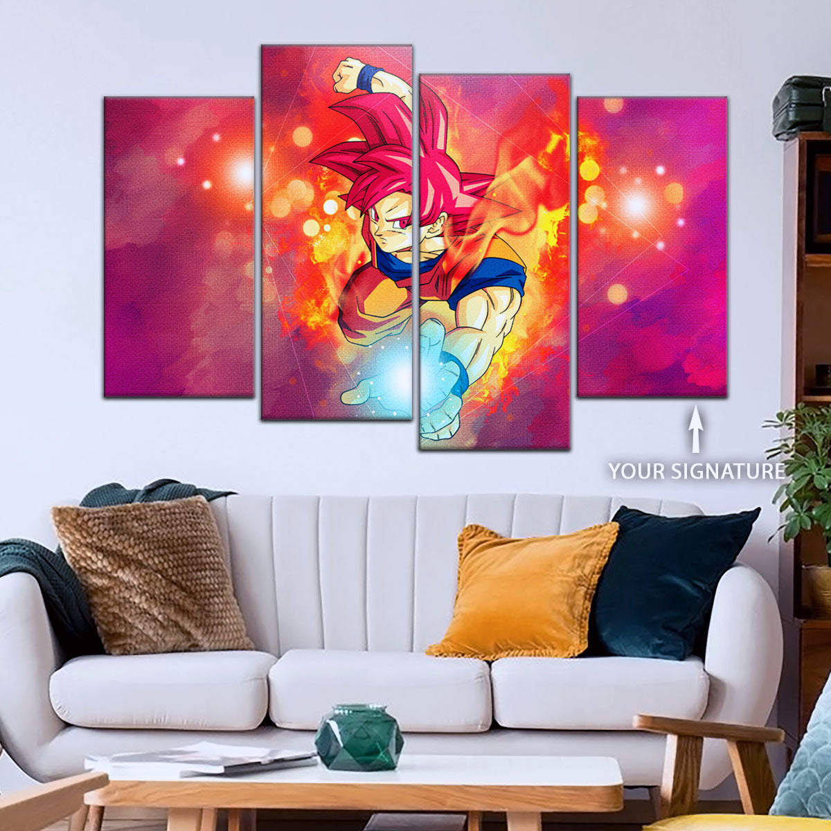 Dragon Ball Super Saiyan God Goku Canvas Wall Art - 5 Piece Split Panel DBZ Anime Poster - Framed Ready to Hang Living Room Man Cave Decor - DR5081