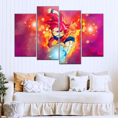 Dragon Ball Super Saiyan God Goku Canvas Wall Art - 5 Piece Split Panel DBZ Anime Poster - Framed Ready to Hang Living Room Man Cave Decor - DR5081