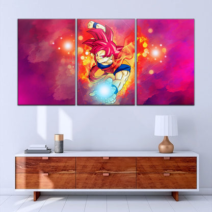 Dragon Ball Super Saiyan God Goku Canvas Wall Art - 5 Piece Split Panel DBZ Anime Poster - Framed Ready to Hang Living Room Man Cave Decor - DR5081