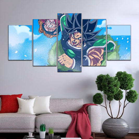 Dragon Ball Super Saiyan God Goku vs Broly Canvas Wall Art - 5 Piece Split Panel DBZ Anime Poster - Ready to Hang Living Room Man Cave Decor - DR5058