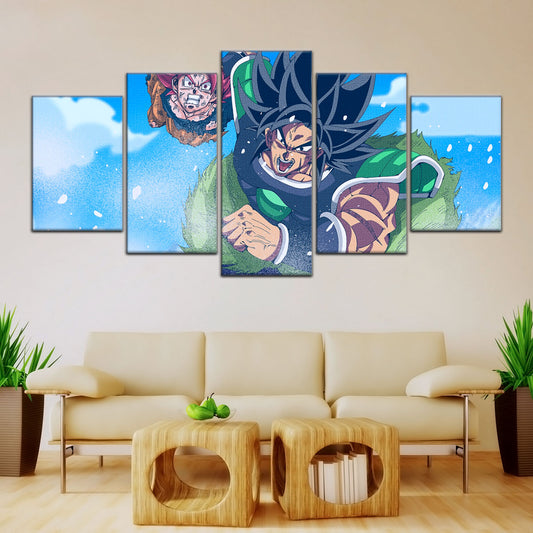 Dragon Ball Super Saiyan God Goku vs Broly Canvas Wall Art - 5 Piece Split Panel DBZ Anime Poster - Ready to Hang Living Room Man Cave Decor - DR5058