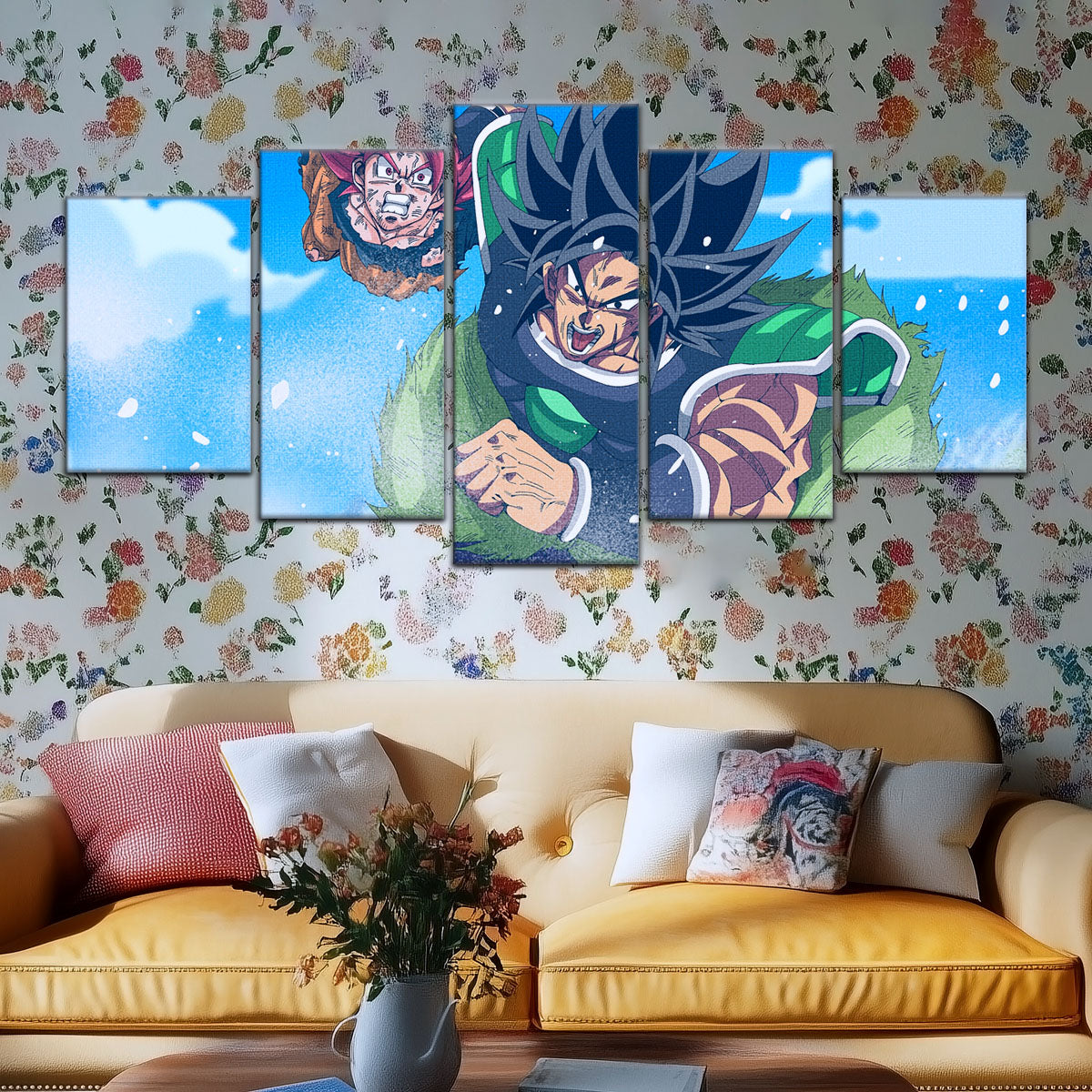 Dragon Ball Super Saiyan God Goku vs Broly Canvas Wall Art - 5 Piece Split Panel DBZ Anime Poster - Ready to Hang Living Room Man Cave Decor - DR5058