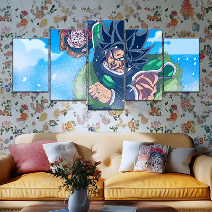 Dragon Ball Super Saiyan God Goku vs Broly Canvas Wall Art - 5 Piece Split Panel DBZ Anime Poster - Ready to Hang Living Room Man Cave Decor - DR5058