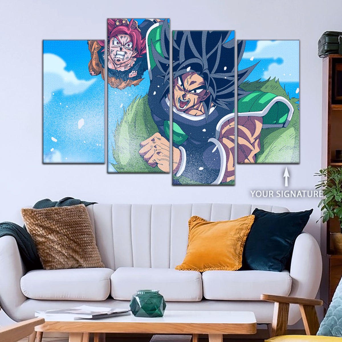 Dragon Ball Super Saiyan God Goku vs Broly Canvas Wall Art - 5 Piece Split Panel DBZ Anime Poster - Ready to Hang Living Room Man Cave Decor - DR5058