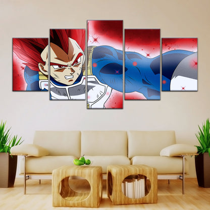 Dragon Ball Super Saiyan God Vegeta Canvas Wall Art - 5 Piece Split Panel DBZ Anime Poster - Framed Ready to Hang Living Room Man Cave Decor - DR5125