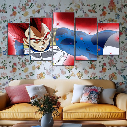 Dragon Ball Super Saiyan God Vegeta Canvas Wall Art - 5 Piece Split Panel DBZ Anime Poster - Framed Ready to Hang Living Room Man Cave Decor - DR5125