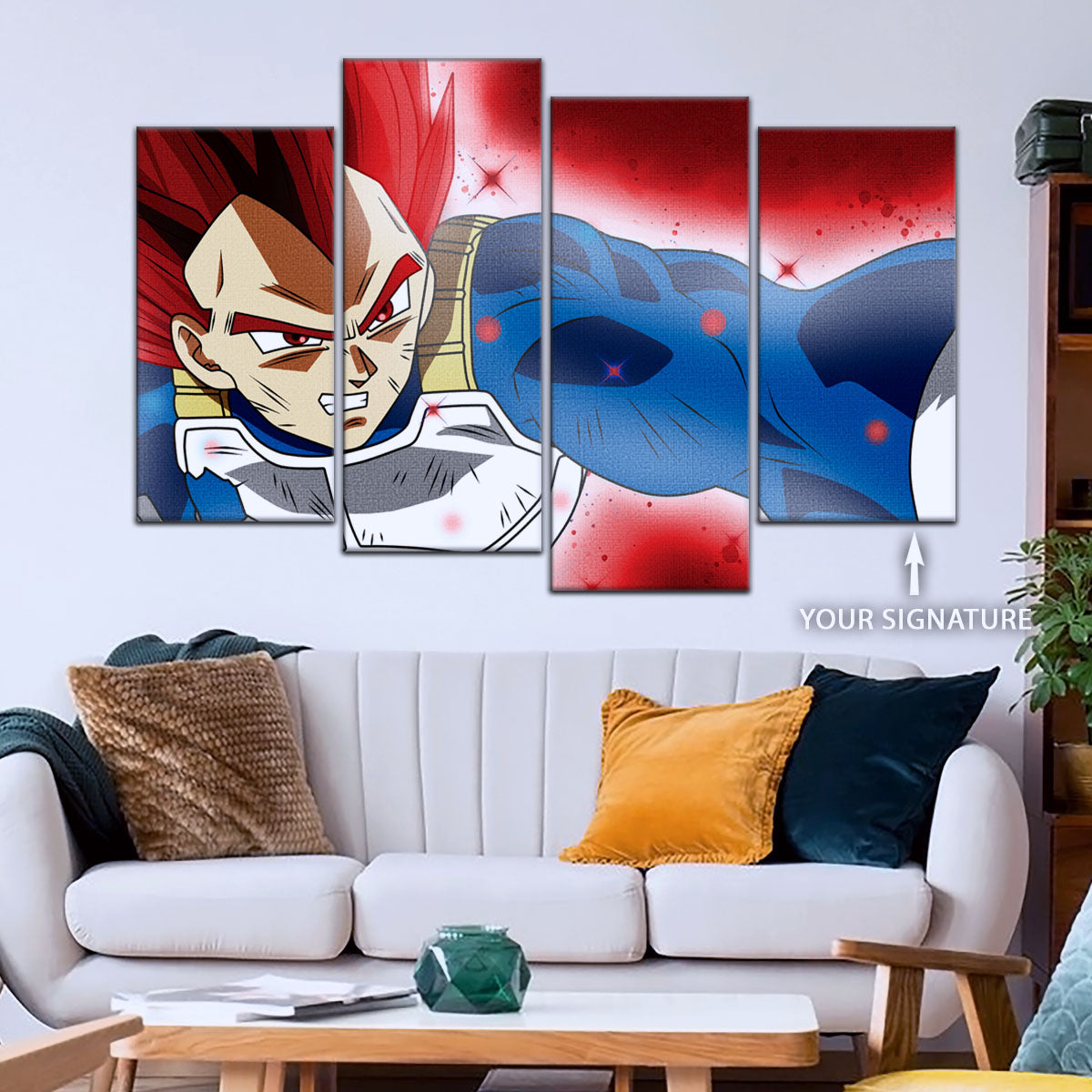 Dragon Ball Super Saiyan God Vegeta Canvas Wall Art - 5 Piece Split Panel DBZ Anime Poster - Framed Ready to Hang Living Room Man Cave Decor - DR5125