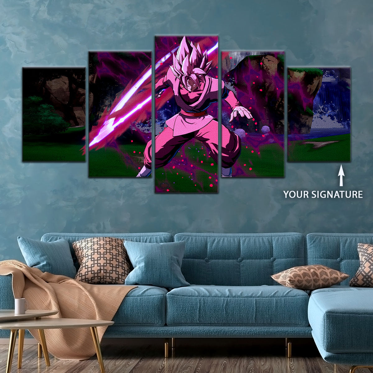 Dragon Ball Super Saiyan Rose Black Goku Canvas Wall Art - 5 Piece Split Panel DBZ Anime Poster - Ready to Hang Living Room Man Cave Decor - DR5010