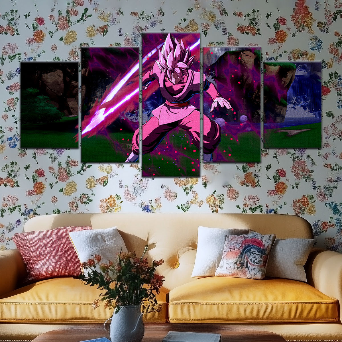 Dragon Ball Super Saiyan Rose Black Goku Canvas Wall Art - 5 Piece Split Panel DBZ Anime Poster - Ready to Hang Living Room Man Cave Decor - DR5010
