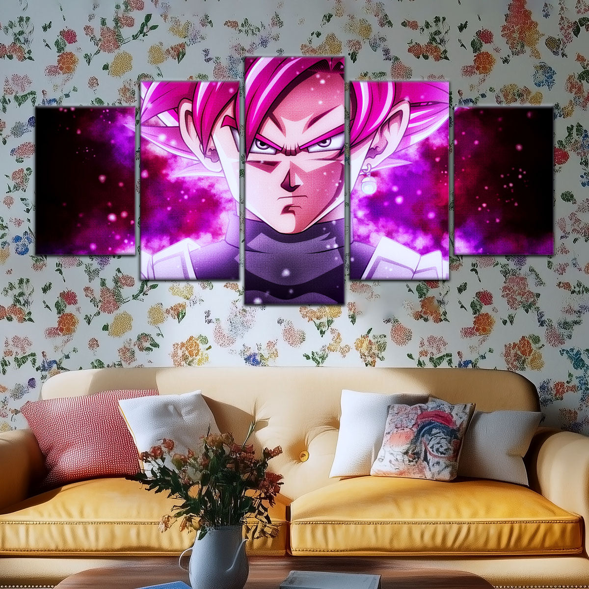 Dragon Ball Super Saiyan Rose Black Goku Canvas Wall Art - 5 Piece Split Panel DBZ Anime Poster - Ready to Hang Living Room Man Cave Decor - DR5011