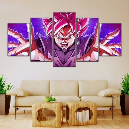 Dragon Ball Super Saiyan Rose Black Goku Canvas Wall Art - 5 Piece Split Panel DBZ Anime Poster - Ready to Hang Living Room Man Cave Decor - DR5012