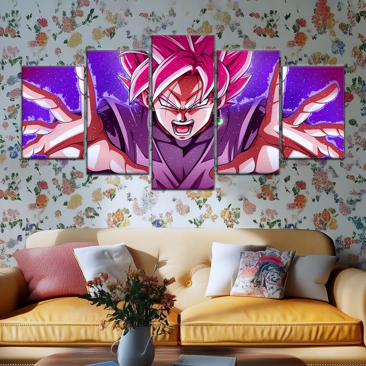Dragon Ball Super Saiyan Rose Black Goku Canvas Wall Art - 5 Piece Split Panel DBZ Anime Poster - Ready to Hang Living Room Man Cave Decor - DR5012