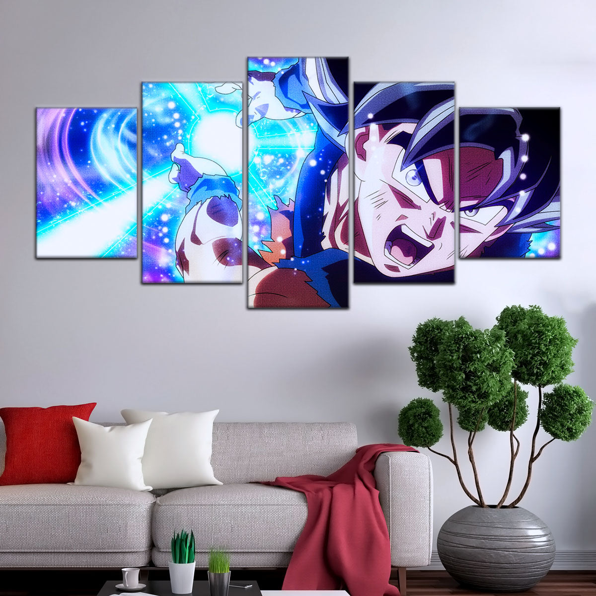 Dragon Ball Super Ultra Instinct Goku Canvas Wall Art - 5 Piece Split Panel Anime Poster - Framed Ready to Hang Living Room Man Cave Decor - DR5113