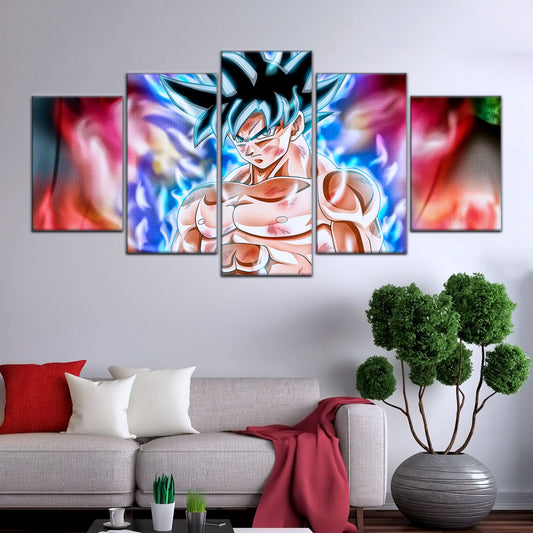 Dragon Ball Super Ultra Instinct Goku Canvas Wall Art - 5 Piece Split Panel DBZ Anime Poster - Framed Ready to Hang Living Room Man Cave Decor - DR5093