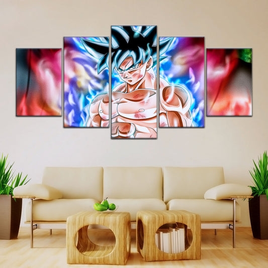 Dragon Ball Super Ultra Instinct Goku Canvas Wall Art - 5 Piece Split Panel DBZ Anime Poster - Framed Ready to Hang Living Room Man Cave Decor - DR5093