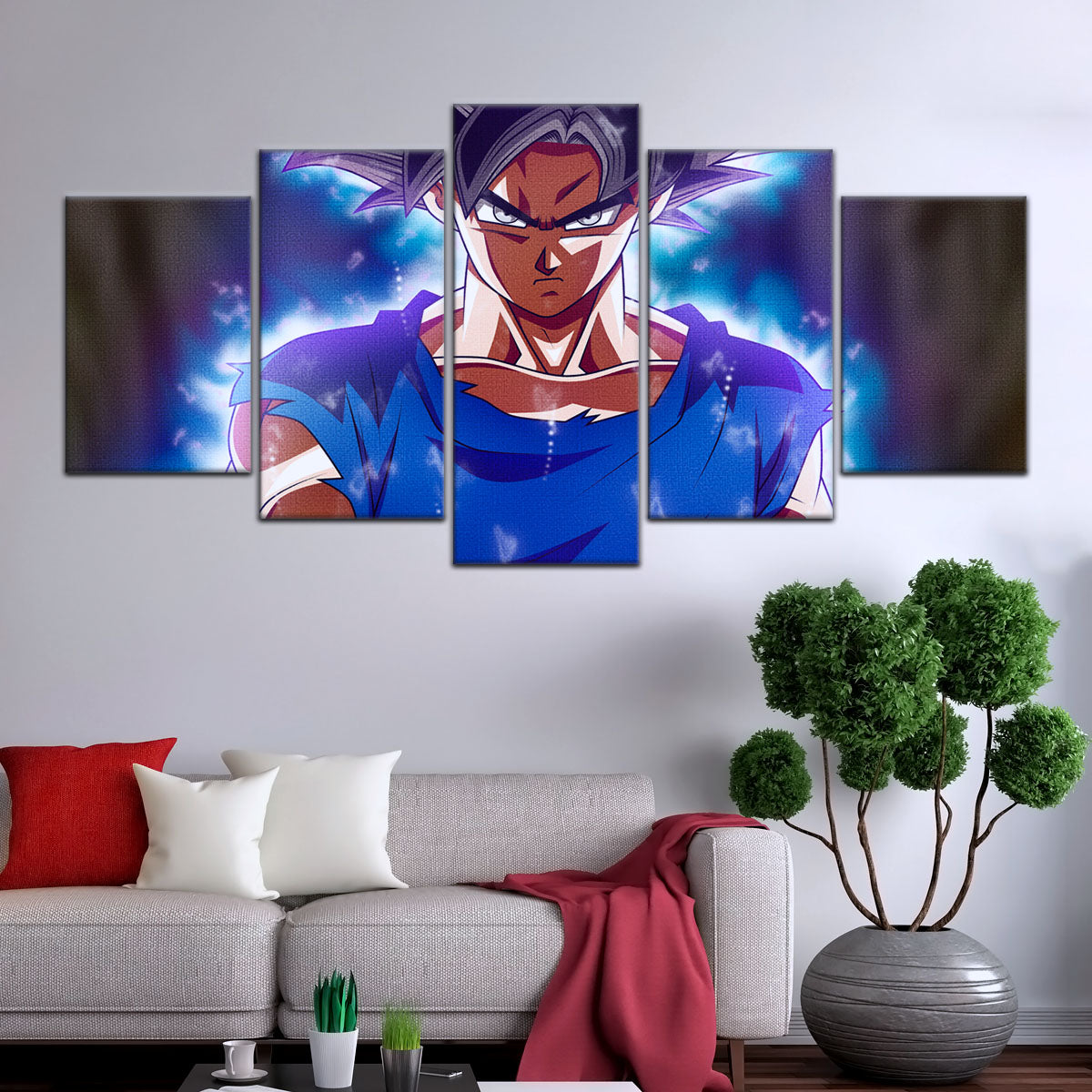 Dragon Ball Super Ultra Instinct Goku Canvas Wall Art - 5 Piece Split Panel DBZ Anime Poster - Ready to Hang Living Room Man Cave Decor - DR5078