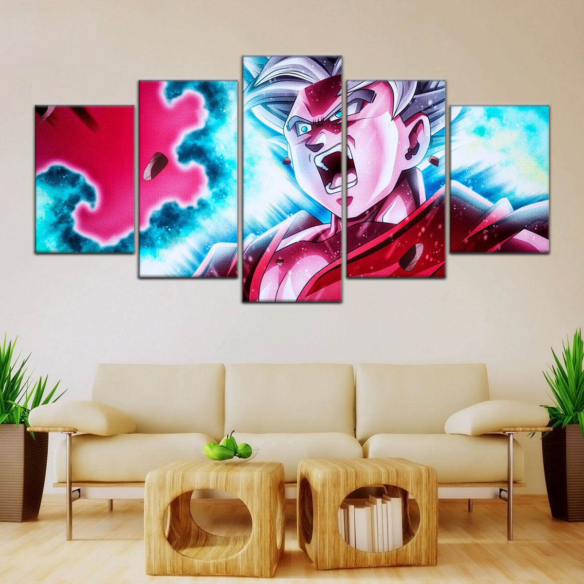 Dragon Ball Super Ultra Instinct Goku Canvas Wall Art - 5 Piece Split Panel DBZ Anime Poster - Ready to Hang Living Room Man Cave Decor - DR5088
