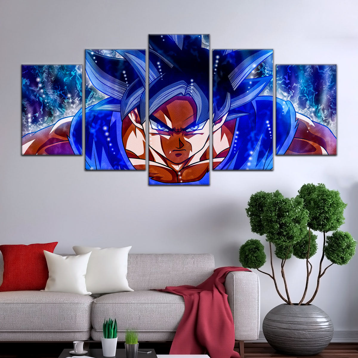 Dragon Ball Super Ultra Instinct Goku Canvas Wall Art - 5 Piece Split Panel DBZ Anime Poster - Ready to Hang Living Room Man Cave Decor - DR5089